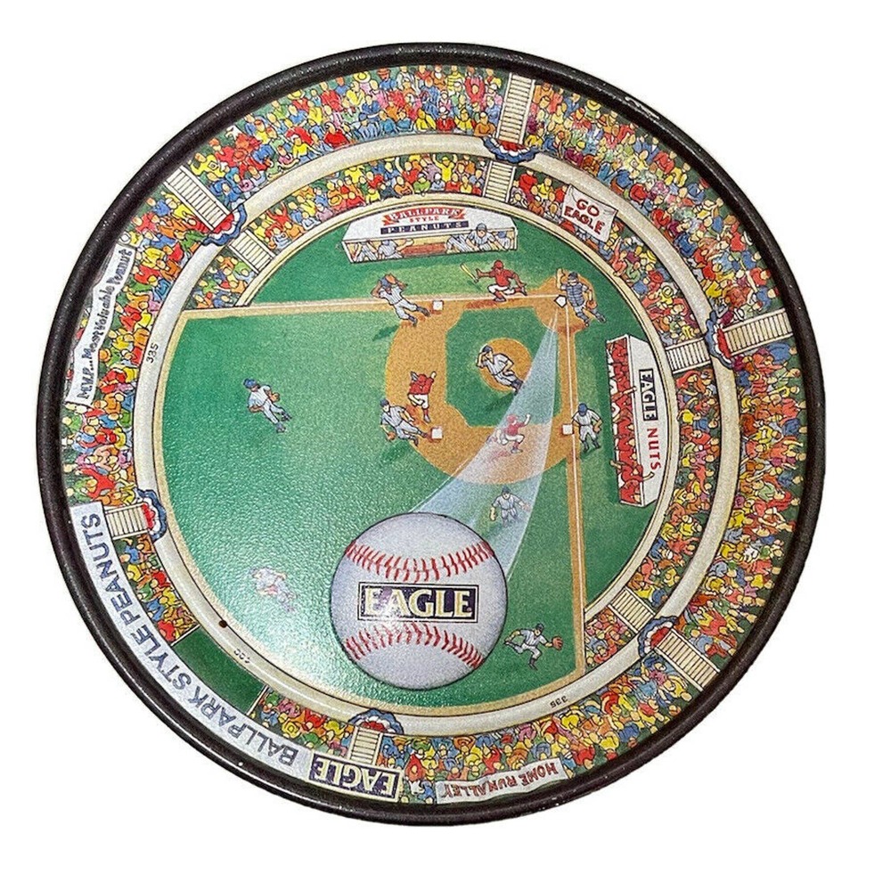 VINTAGE " EAGLE BALLPARK STYLE PEANUTS" EMPTY TIN Round 7 Inches Baseball